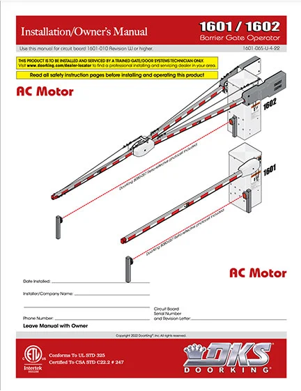 DKS Doorking 1601 1602 Manual Literature