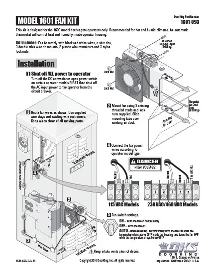 DKS Doorking 1601-693-D-3-16 Fan Kit Installation