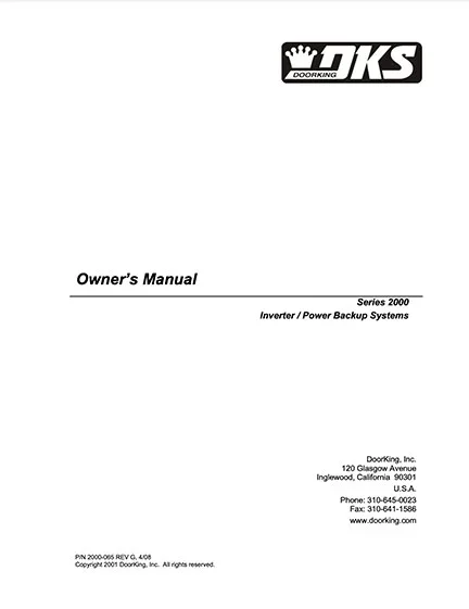 DoorKing 2000 Series Owner’s Manual cover page with DKS logo and contact information