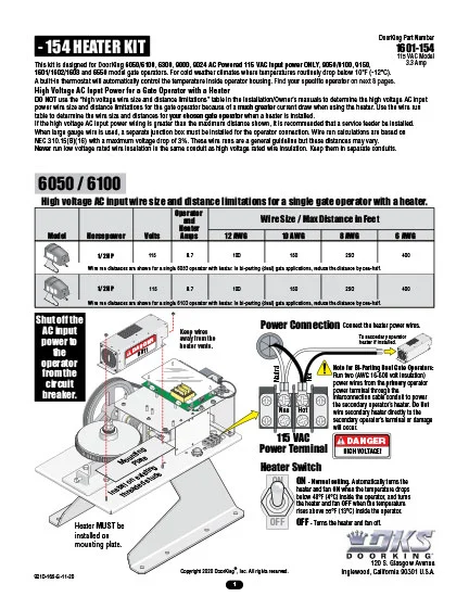 DKS Doorking 9210-165-G-11-20 Heater Kit 115V