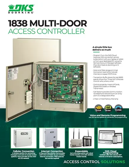 Thumbnail image of the DKS 1838 Multi-Door access controller brochure showing enclosure, circuit board, and connectivity options.