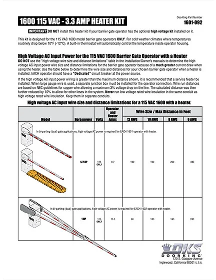 DKS Doorking 1601-092 Heater Kit Literature