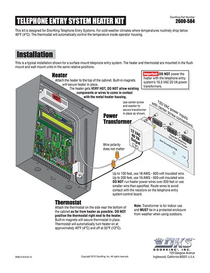 DKS Doorking 2600-584 Heater Kit Literature