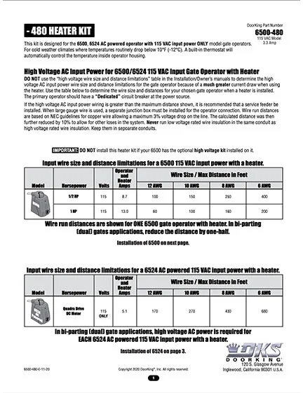 DKS Doorking 6500-480 Heater Fan Kit Literature