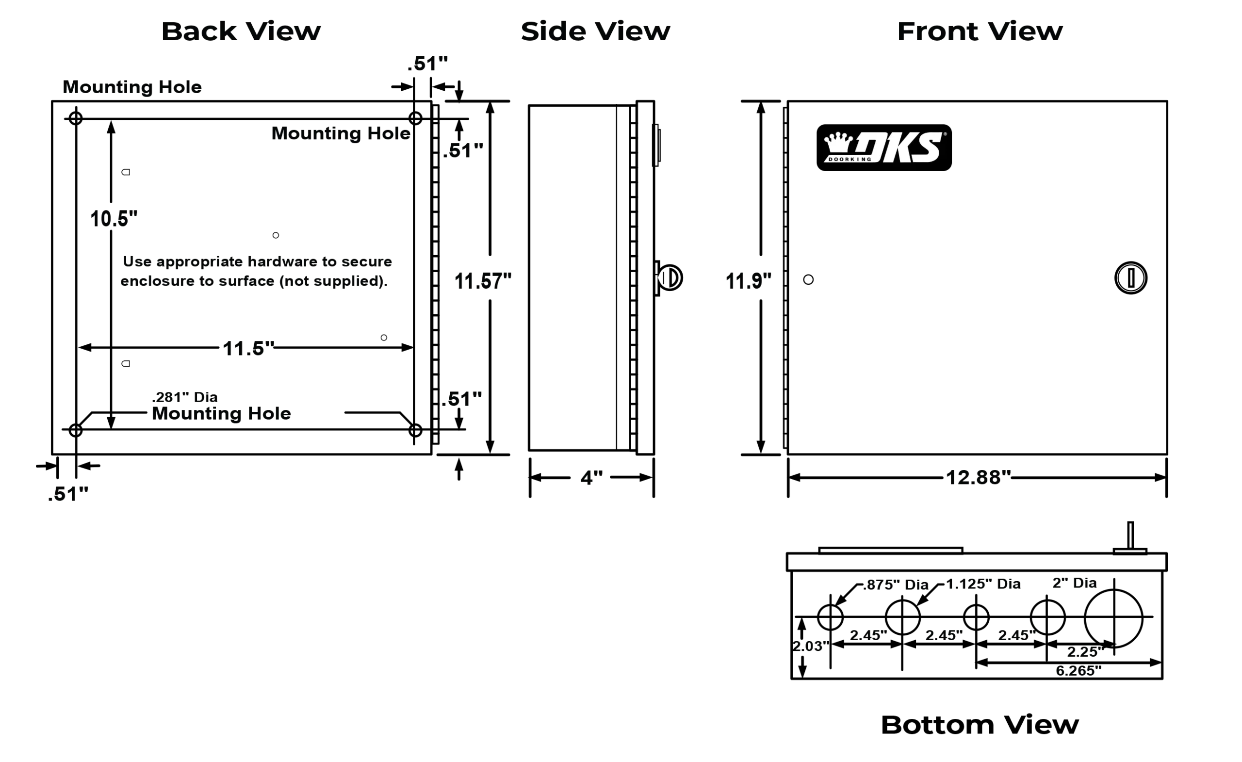 Technical illustration with front, back, and side view dimensions of the DKS 1838 telephone entry and access control system