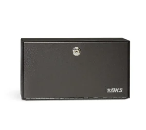 DKS transformer enclosure for 12, 16, and 24 volt AC and DC power supply, secure black metal housing with lock