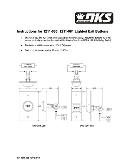 DKS Doorking Lighted Push Buttons Literature