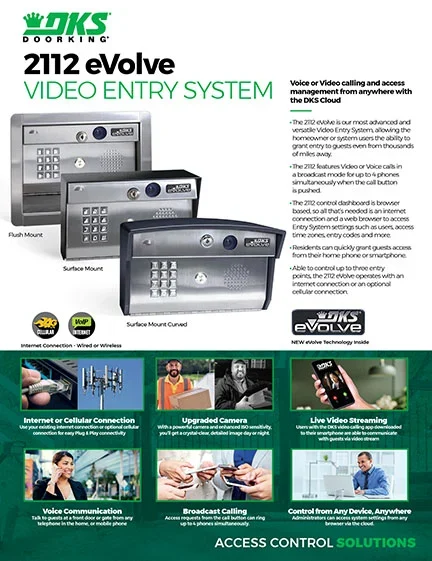 DoorKing 2112 eVolve Video Entry System brochure with flush mount, surface mount, and curved mount models plus key features