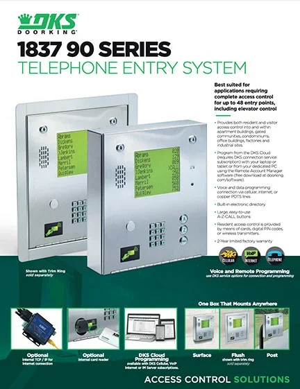 DKS 1837 90 Series Telephone Entry System brochure showing system units, accessories, and features
