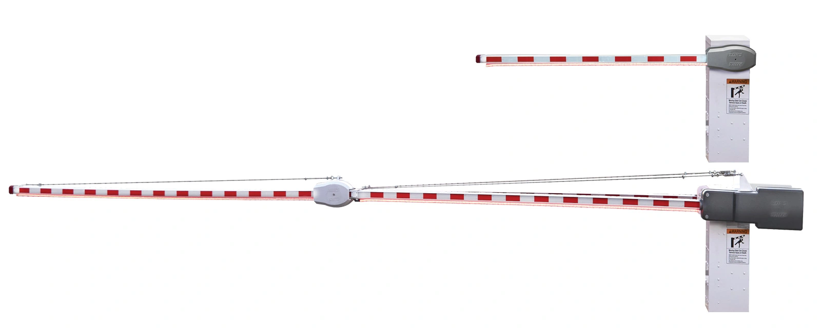 DoorKing DKS 1601 and 1602 barrier gate operators with illuminated lighted arms, shown in 14-foot and 27-foot lengths for traffic control and parking lot security