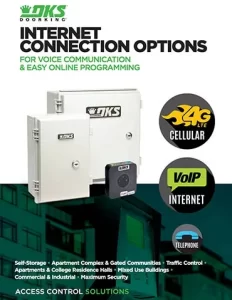 DKS Internet Connection Options brochure showing 4G LTE, VoIP, and telephone connection types for access control systems