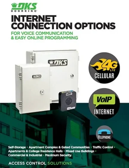 DKS Internet Connection Options brochure showing 4G LTE, VoIP, and telephone connection types for access control systems