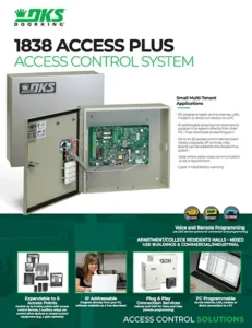 Thumbnail image of the DKS 1838 Access Plus access control system brochure showing enclosure, circuit board, and application highlights.