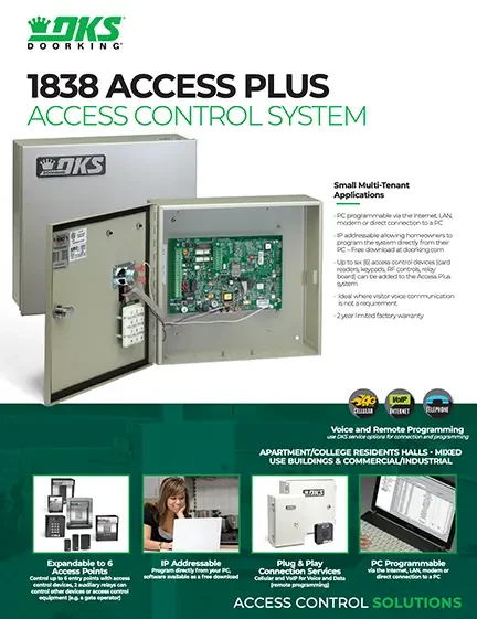 Thumbnail image of the DKS 1838 Access Plus access control system brochure showing enclosure, circuit board, and application highlights.