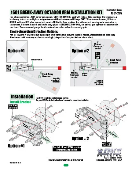 DKS Doorking 1601-269-M-10-23 Octagon Arm Breakaway Installation