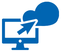 Blue desktop computer icon with an arrow and cloud, symbolizing fast database migration.
