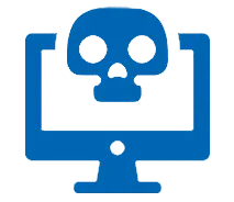 Blue computer monitor icon with a skull symbol, indicating protection from local computer failures.