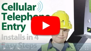 Video thumbnail showing child in construction gear beside DKS cellular telephone entry system with text: Installs in 4 Easy Steps