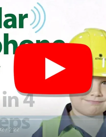Video thumbnail showing child in construction gear beside DKS cellular telephone entry system with text: Installs in 4 Easy Steps