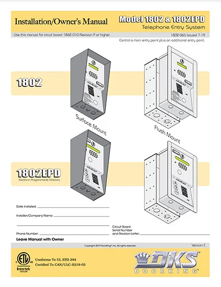 DKS Doorking 1802-065-Issued-7-19_Crs installation owners manual