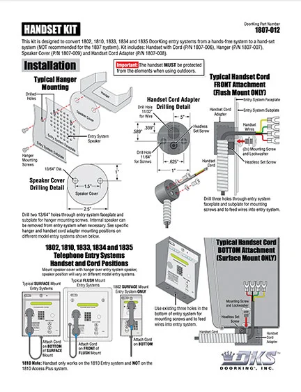 DKS Doorking 1807-065-A-6-13 Handset Kit instructions