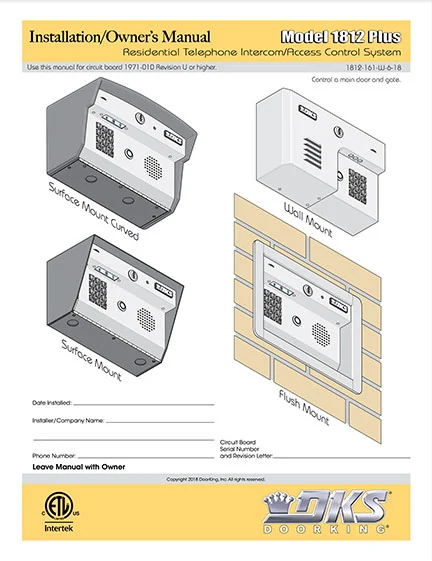 DKS Doorking 1812-161-W-6-18 Plus installation owners manual