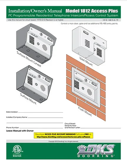 DKS Doorking 1812-162-D-6-19 Access Plus installation owners manual