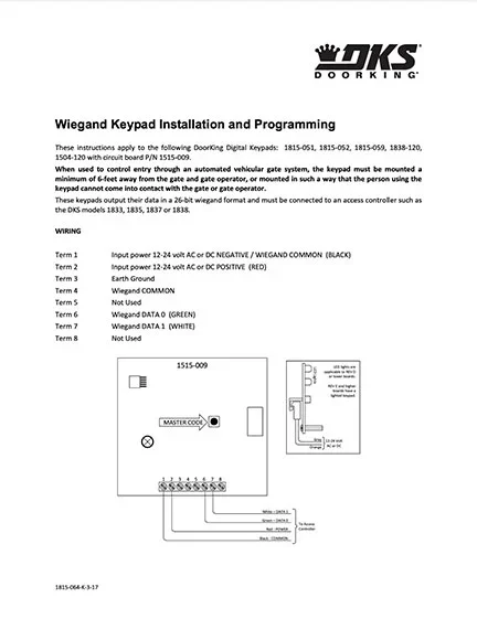 DKS Doorking 1815-064-K-3-17 Wiegand Keypad Instructions