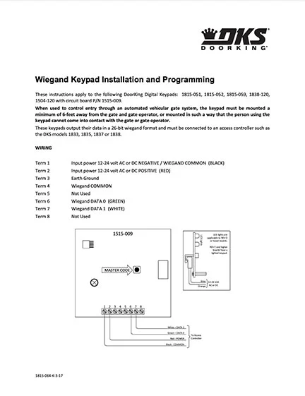 DKS Doorking 1815-064-K-3-17 Wiegand Keypad Instructions