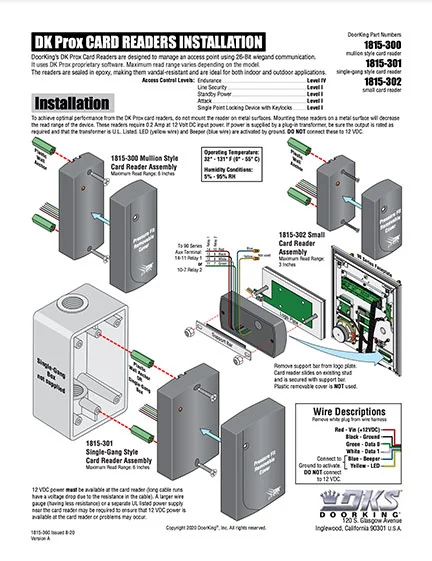 DKS Doorking 1815-360 Issued 8-20VA DK Series Prox Readers instructions