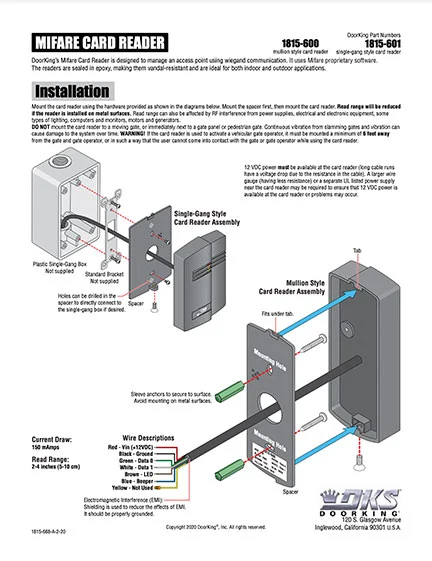 DKS Doorking 1815-668-A-2-20 Mifare Readers instructions