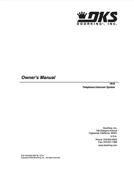 DKS Doorking 1816-065-M-10-19 Owners Manual