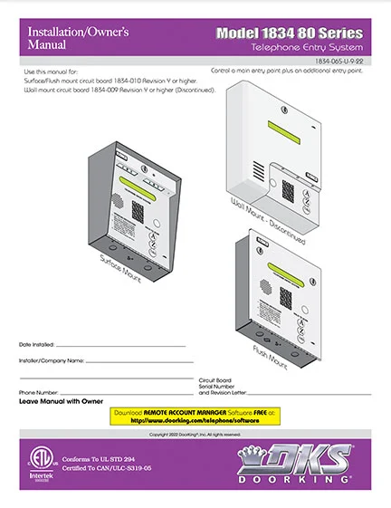 DKS Doorking 1834-065-U-9-22 80 Series installation owners manual