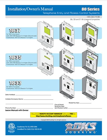 DKS Doorking 1835-065-P-9-22 80 Series installation owners manual