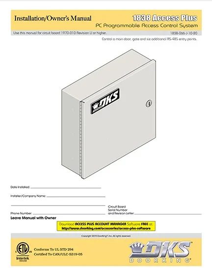 DKS Doorking 1838-066-J-7-19 Access Plus installation owners manual