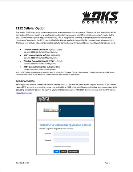 DKS Doorking 2112-066-B-10-22 Activate Cellular instructions