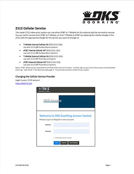 DKS Doorking 2112-067-B-10-22 Change Cellular instructions