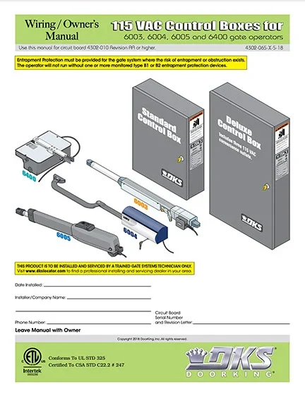 DKS Doorking 4302-065-X-5-18_115 VAC installation owners manual