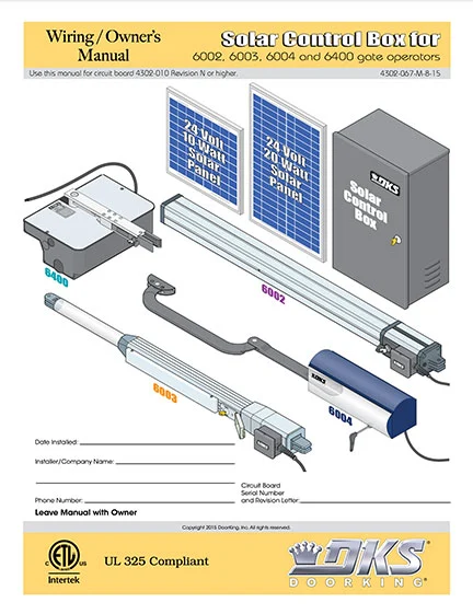 DKS Doorking 4302-067-M-8-15 Solar installation owners manual