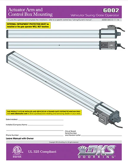 DKS Doorking 6002-065-D-11-16 installation owners manual