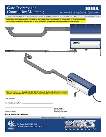 DKS Doorking 6004-065-Q-5-18 installation owners manual