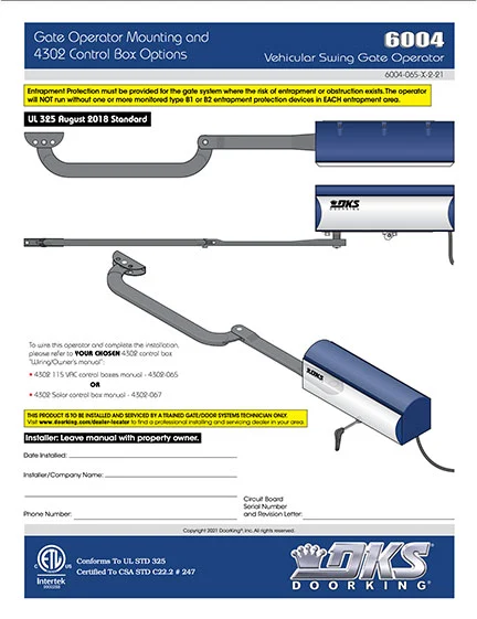 DKS Doorking 6004-065-X-2-21_UL18 installation owners manual