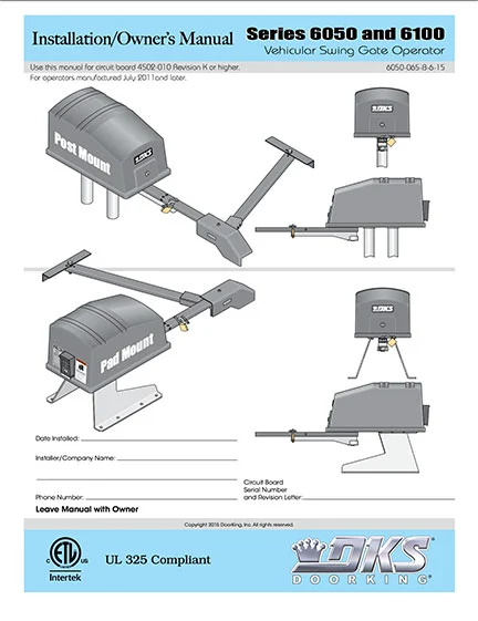 DKS Doorking 6050-065-B-6-15 installation owners manual