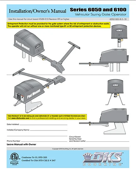 DKS Doorking 6050-065-N-5-18 installation owners manual