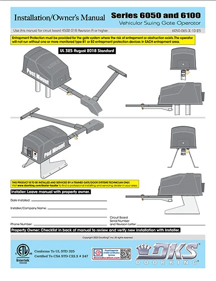 DKS Doorking 6050-065-X-10-23 installation owners manual