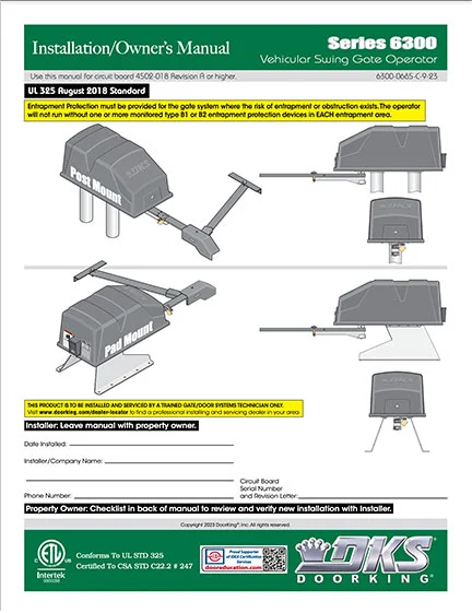 DKS Doorking 6300-065-C-9-23 installation owners manual