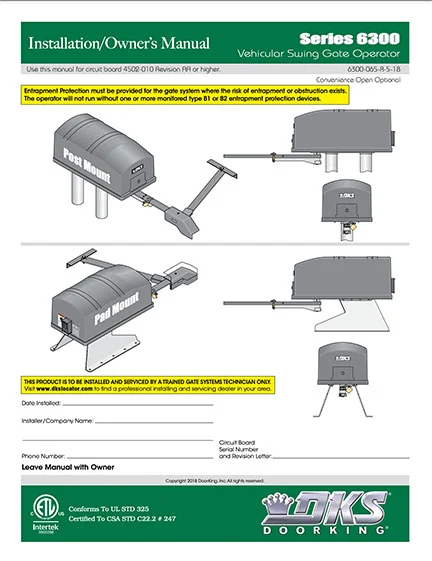 DKS Doorking 6300-065-R-5-18 installation owners manual