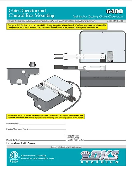 DKS Doorking 6400-065-E-5-18 installation owners manual