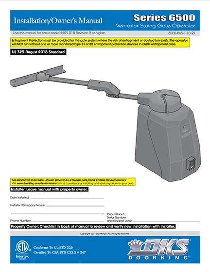 DKS Doorking 6500-065-T-10-21_UL18 installation owners manual