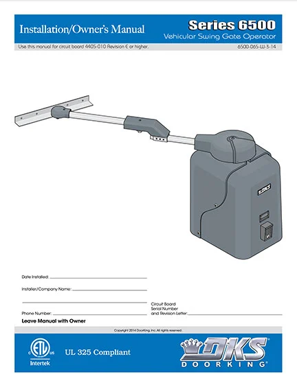 DKS Doorking 6500-065-W-3-14 installation owners manual